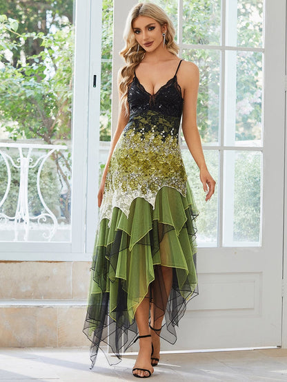 Women's V Neck Multi Color Asymmetrical Hems Prom Dress #color_Green