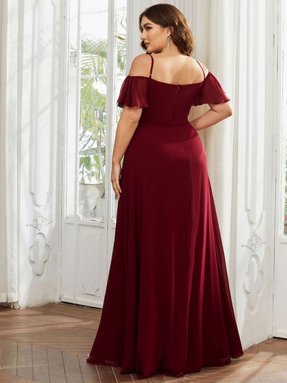 Stylish Cold Shoulder Flare Sleeves Flowy Bridesmaid Dress #color_Burgundy