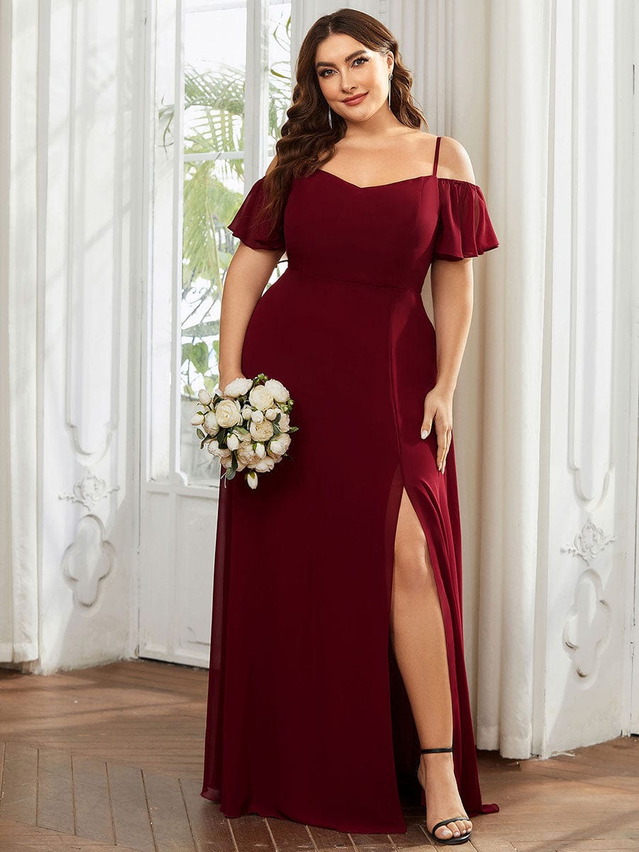 Stylish Cold Shoulder Flare Sleeves Flowy Bridesmaid Dress #color_Burgundy