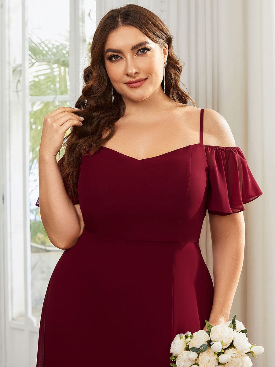 Stylish Cold Shoulder Flare Sleeves Flowy Bridesmaid Dress #color_Burgundy