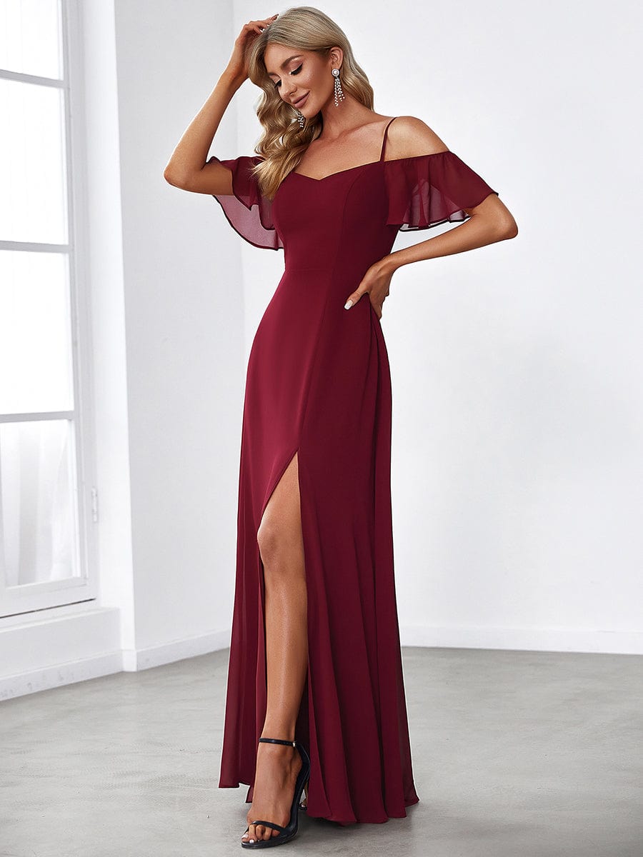 Stylish Cold Shoulder Flare Sleeves Flowy Bridesmaid Dress #color_Burgundy