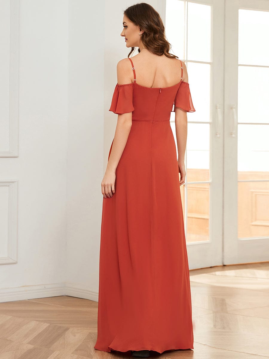 Stylish Cold Shoulder Flare Sleeves Flowy Bridesmaid Dress #color_Burnt Orange