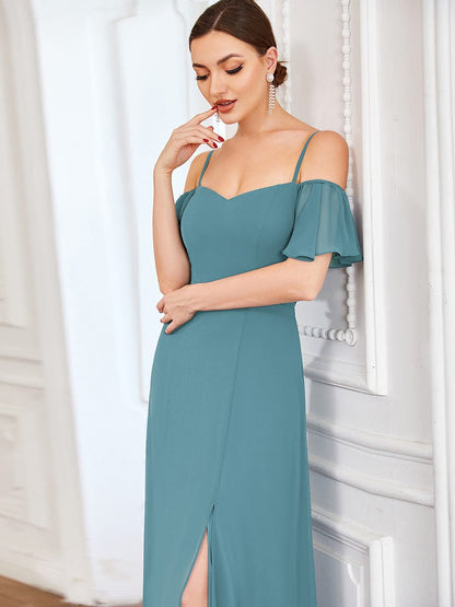 Stylish Cold Shoulder Flare Sleeves Flowy Bridesmaid Dress #color_Dusty Blue