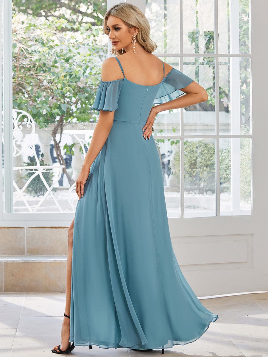 Stylish Cold Shoulder Flare Sleeves Flowy Bridesmaid Dress #color_Dusty Blue