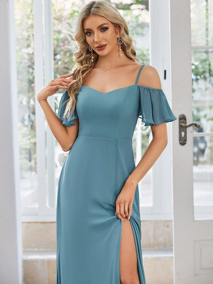 Stylish Cold Shoulder Flare Sleeves Flowy Bridesmaid Dress #color_Dusty Blue