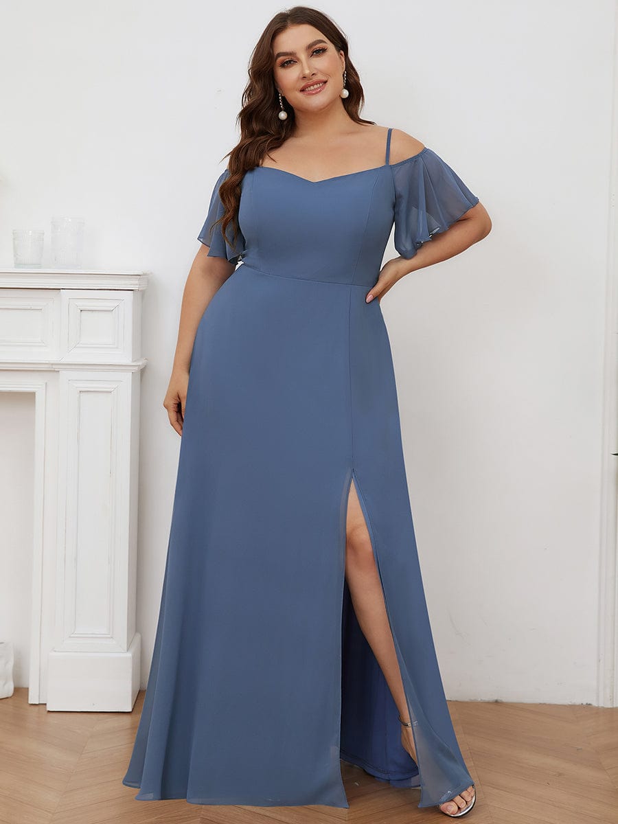 Stylish Cold Shoulder Flare Sleeves Flowy Bridesmaid Dress #color_Dusty Navy