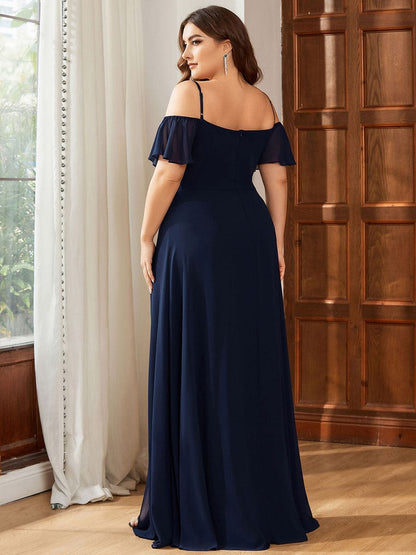 Stylish Cold Shoulder Flare Sleeves Flowy Bridesmaid Dress #color_Navy Blue