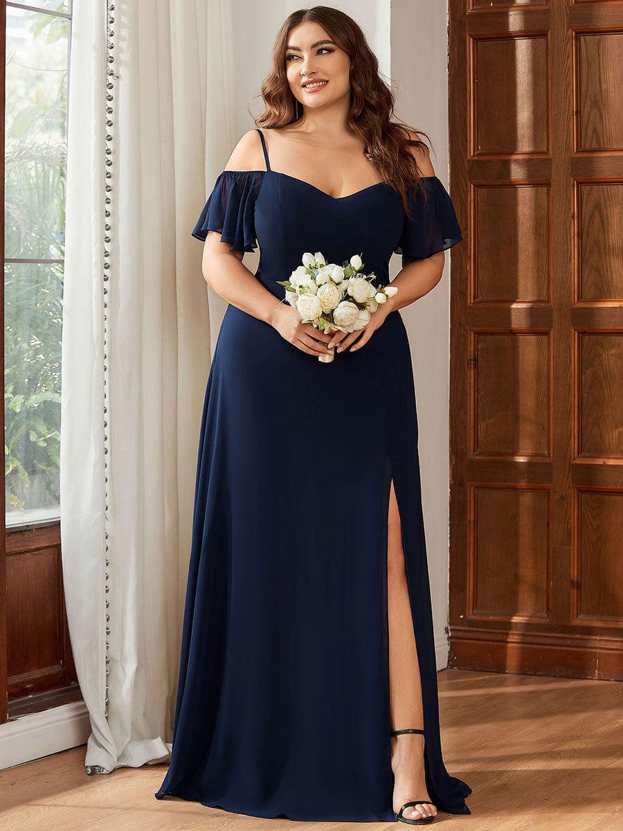 Stylish Cold Shoulder Flare Sleeves Flowy Bridesmaid Dress #color_Navy Blue