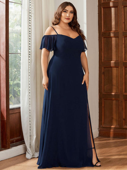 Plus Size Cold Shoulder Formal Bridesmaid Dress with Side Slit #color_Navy Blue