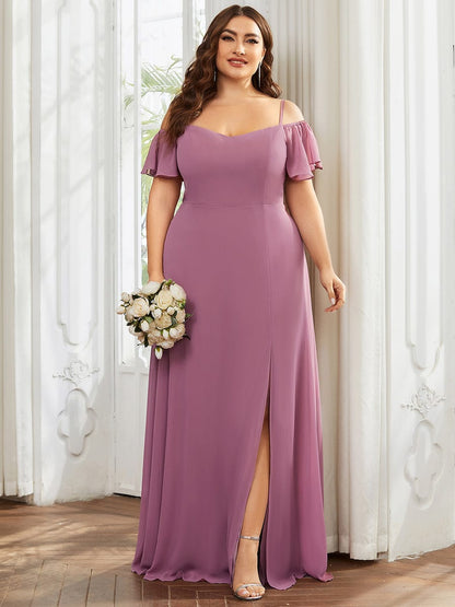 Stylish Cold Shoulder Flare Sleeves Flowy Bridesmaid Dress #color_Purple Orchid