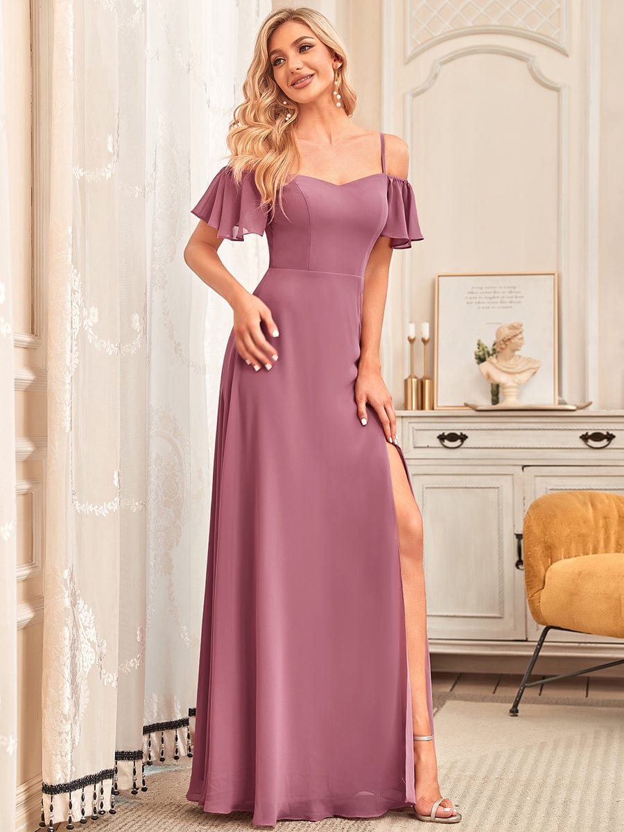 Stylish Cold Shoulder Flare Sleeves Flowy Bridesmaid Dress #color_Purple Orchid