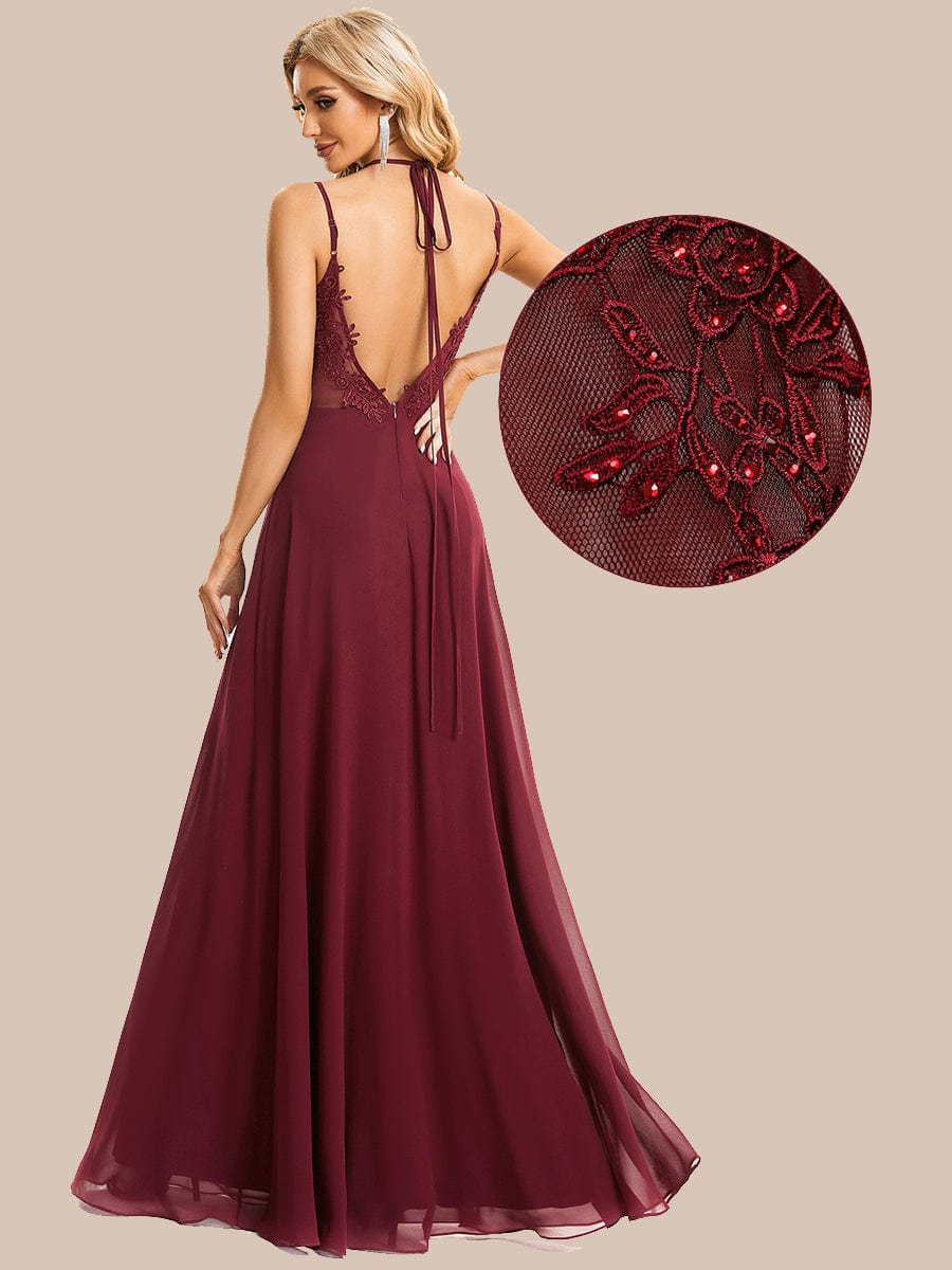 Chiffon and Lace Open Back Spaghetti Straps Bridesmaid Dress #color_Burgundy