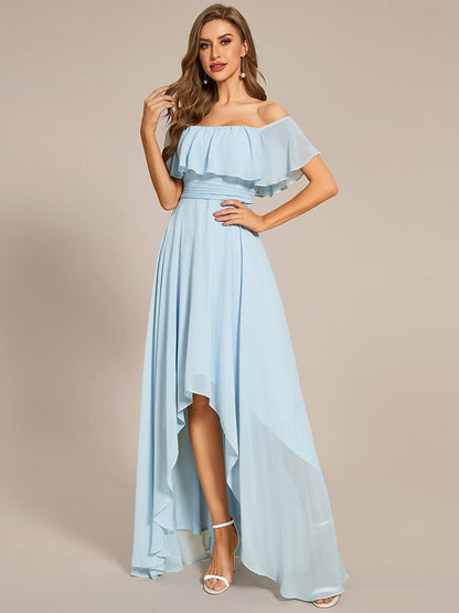 Elegant Chiffon High-Low Off The Shoulder Bridesmaid Dress #color_Sky Blue