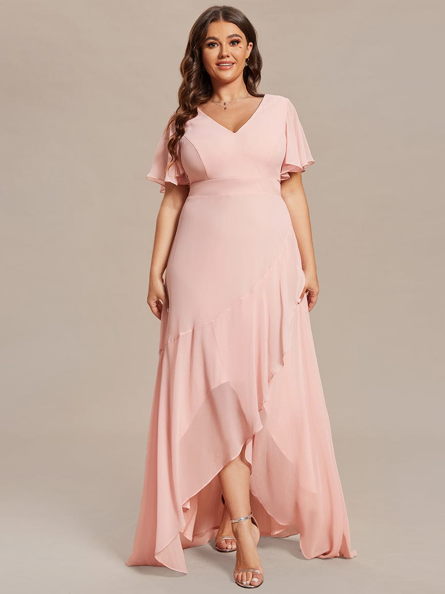 Plus Size Elegant Lotus Sleeves Chiffon Bridesmaid Dress #color_Pink