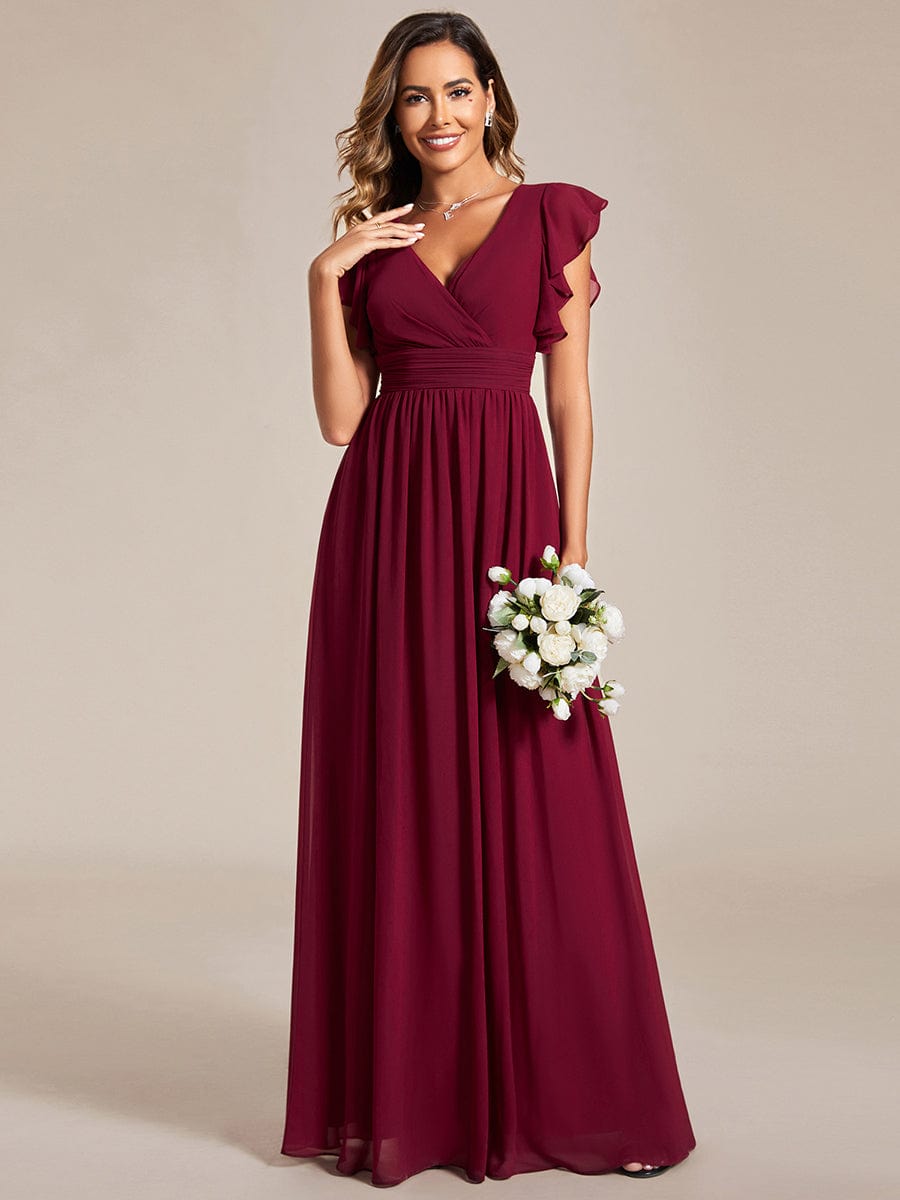 Back Cutout A-Line Pleated Ruffles Sleeve Chiffon Bridesmaid Dress #color_Burgundy