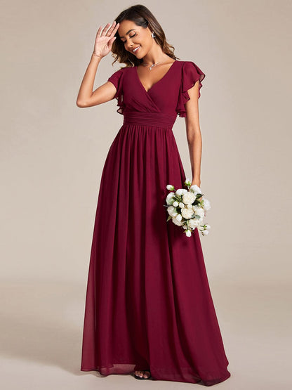 Back Cutout A-Line Pleated Ruffles Sleeve Chiffon Bridesmaid Dress #color_Burgundy