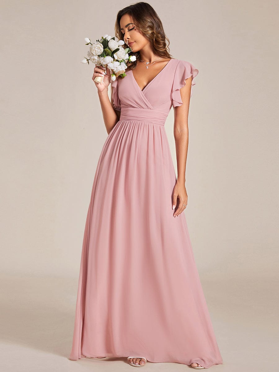 Back Cutout A-Line Pleated Ruffles Sleeve Chiffon Bridesmaid Dress #color_Dusty Rose