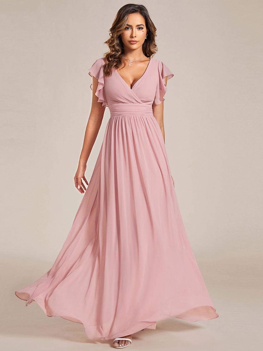 Back Cutout A-Line Pleated Ruffles Sleeve Chiffon Bridesmaid Dress #color_Dusty Rose