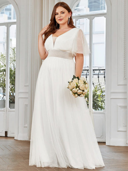 Custom Size Long A-Line Pleated Flutter Sleeve Tulle Maxi Bridesmaid Dress #color_White