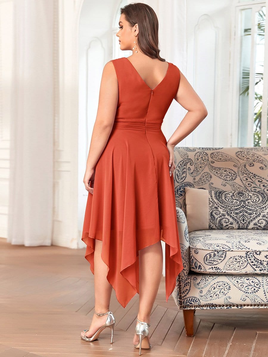 Plus Size Double V Neck Ruched-Waist Midi Chiffon Bridesmaid Dress #color_Burnt Orange 