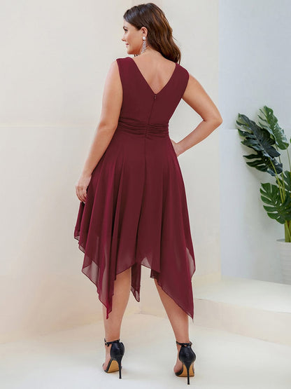 Plus Size Double V Neck Ruched-Waist Midi Chiffon Bridesmaid Dress #color_Burgundy