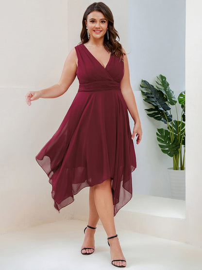 Custom Size Chiffon Double V Neck Asymmetrical Hem Dress #color_Burgundy