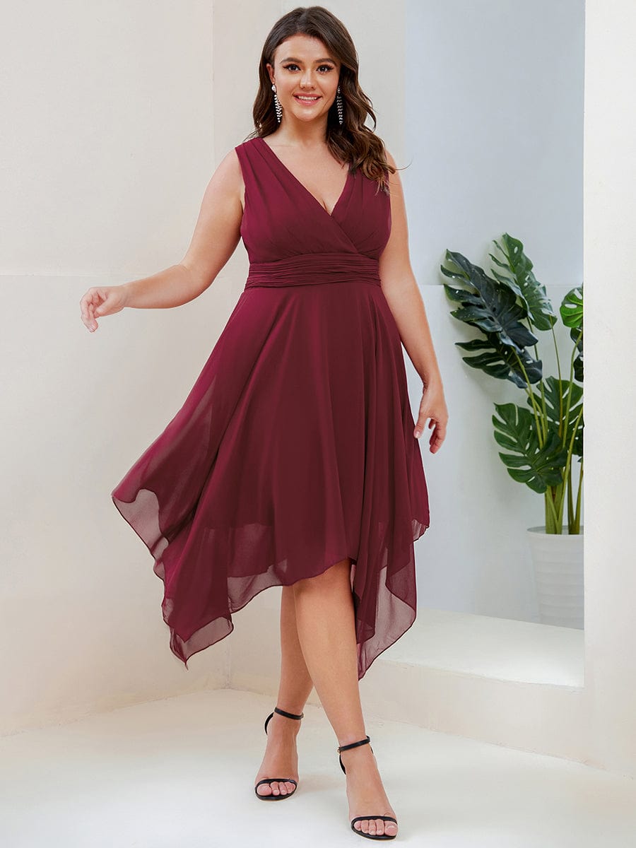 Plus Size Double V Neck Ruched-Waist Midi Chiffon Bridesmaid Dress #color_Burgundy