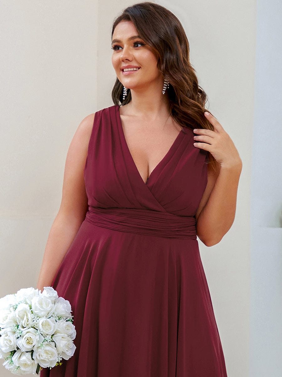 Plus Size Double V Neck Ruched-Waist Midi Chiffon Bridesmaid Dress #color_Burgundy