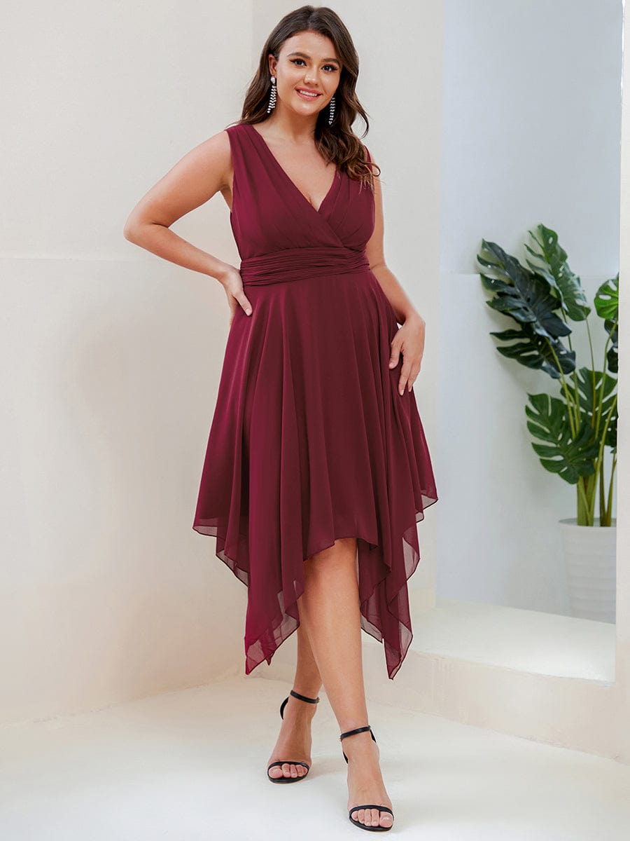 Plus Size Double V Neck Ruched-Waist Midi Chiffon Bridesmaid Dress #color_Burgundy