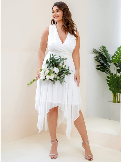 Plus Size Double V Neck Ruched-Waist Midi Chiffon Bridesmaid Dress #color_Cream