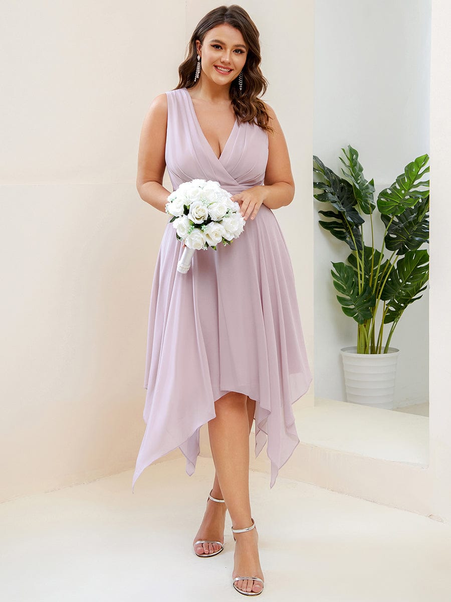 Custom Size Chiffon Double V Neck Asymmetrical Hem Dress #color_Lilac