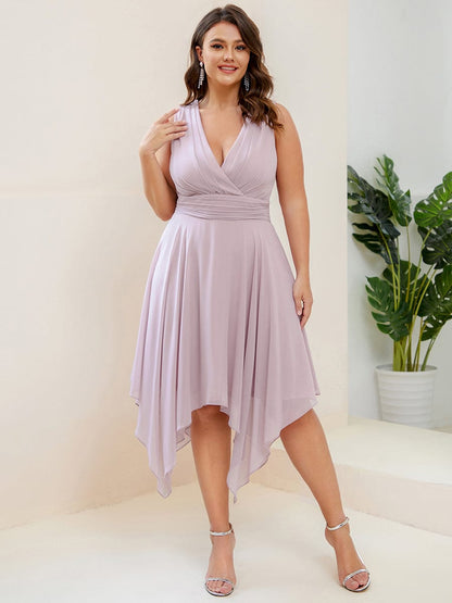 Custom Size Chiffon Double V Neck Asymmetrical Hem Dress #color_Lilac