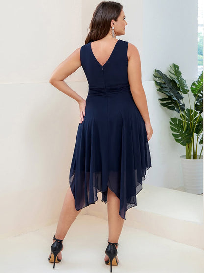 Custom Size Chiffon Double V Neck Asymmetrical Hem Dress #color_Navy Blue