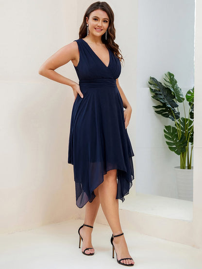 Custom Size Chiffon Double V Neck Asymmetrical Hem Dress #color_Navy Blue