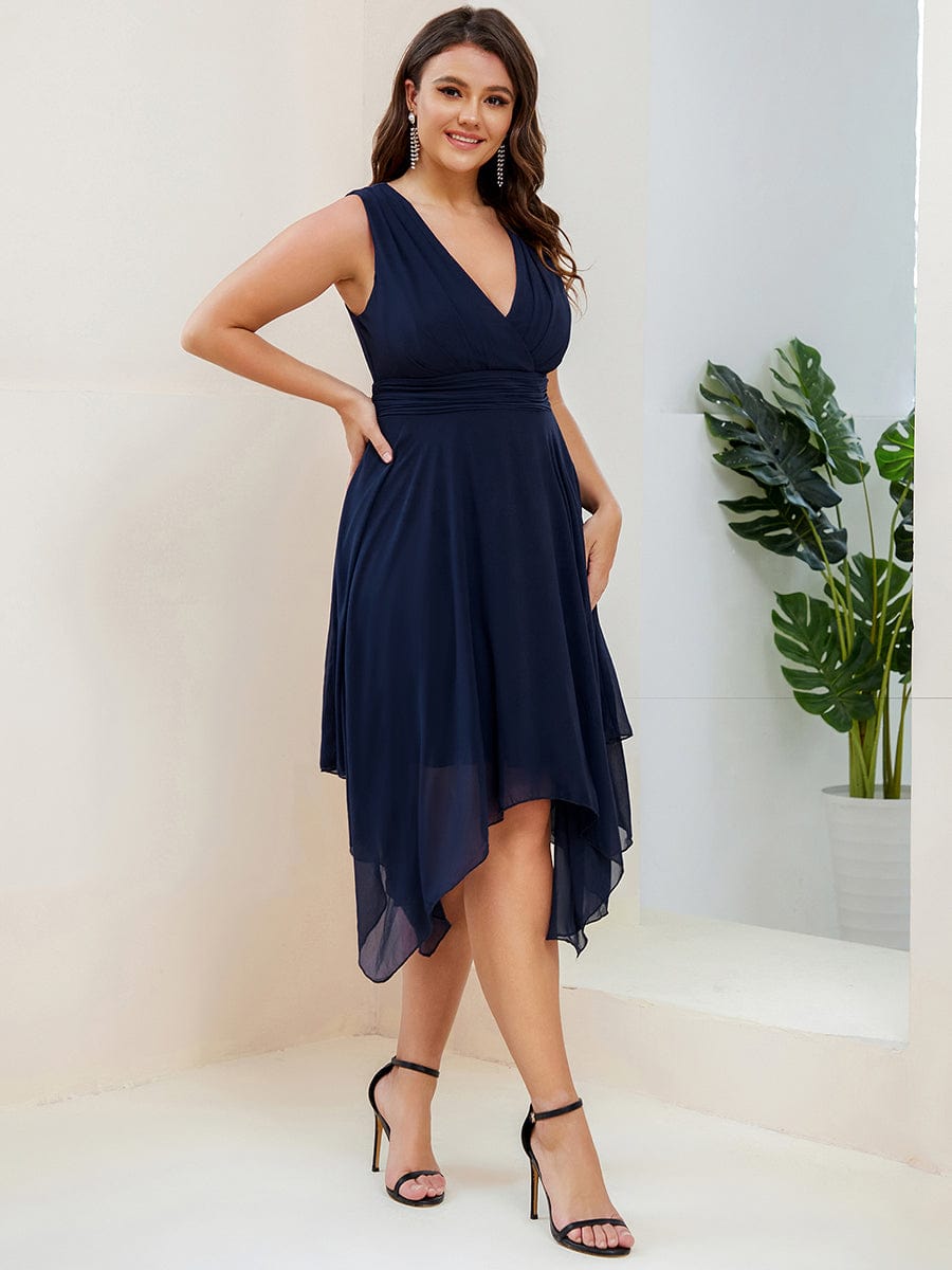 Plus Size Double V Neck Ruched-Waist Midi Chiffon Bridesmaid Dress #color_Navy Blue