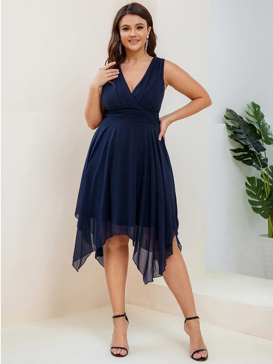 Custom Size Chiffon Double V Neck Asymmetrical Hem Dress #color_Navy Blue