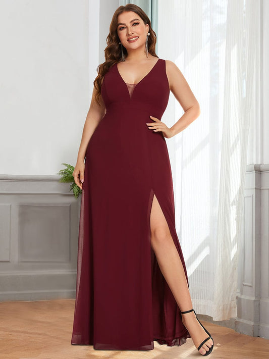 Bow Tie Backless Chiffon High Slit Bridesmaid Dress #color_Burgundy 