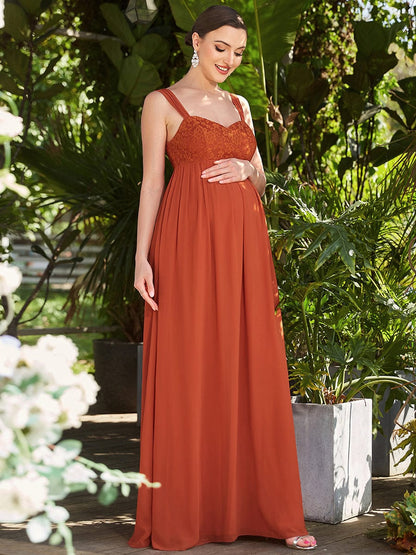 Empire Waist Floral Lace Chiffon Bump Friendly Dress #color_Burnt Orange 