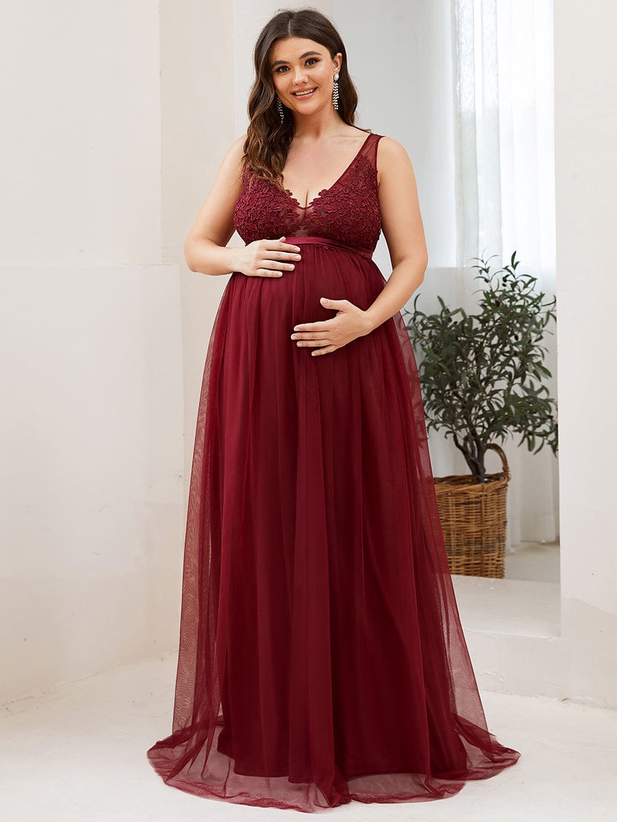 Double V-Neck Lace Bodice Long Flowy Maternity Dress #color_Burgundy