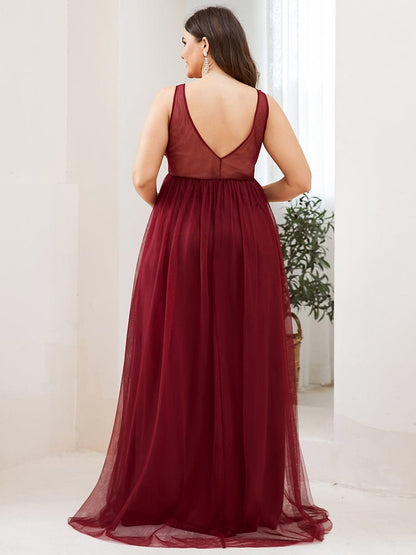 Double V-Neck Lace Bodice Long Flowy Maternity Dress #color_Burgundy