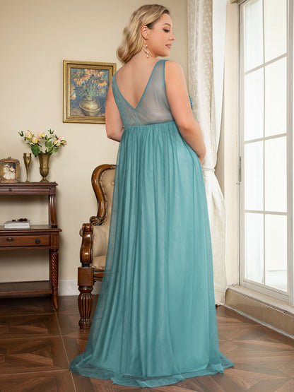 Double V-Neck Lace Bodice Long Flowy Maternity Dress #color_Dusty Blue