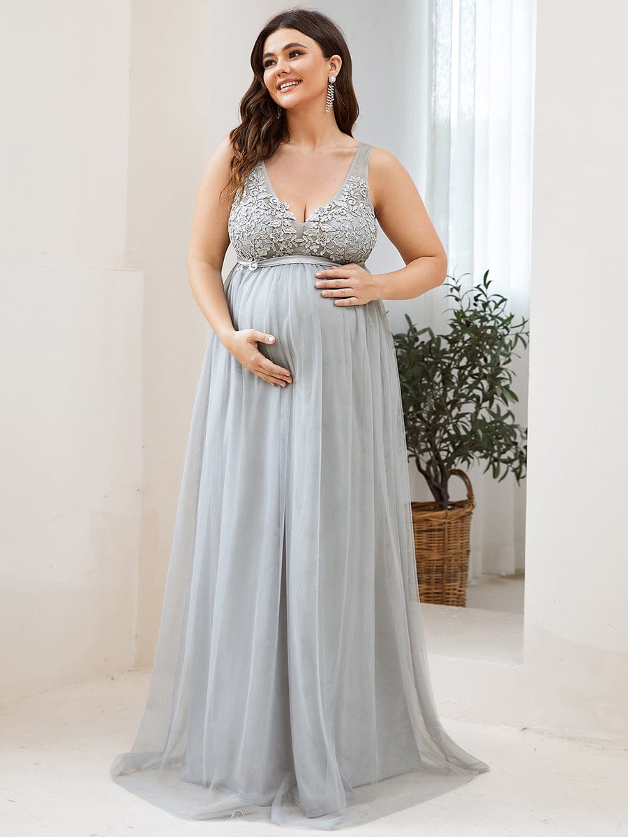 Double V-Neck Lace Bodice Long Flowy Maternity Dress #color_Grey