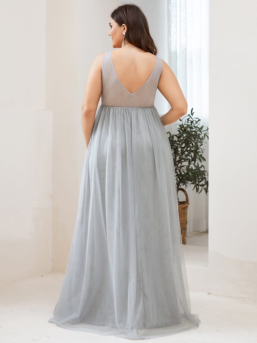 Plus Size Double V-Neck Lace Bodice Long Flowy Maternity Dress #color_Grey