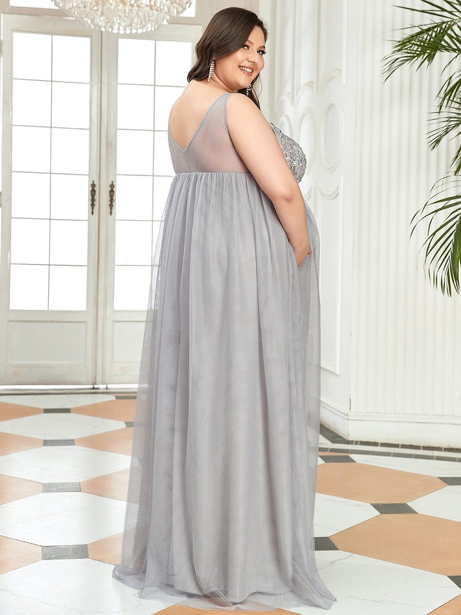 Plus Size Double V-Neck Lace Bodice Long Flowy Maternity Dress #color_Grey