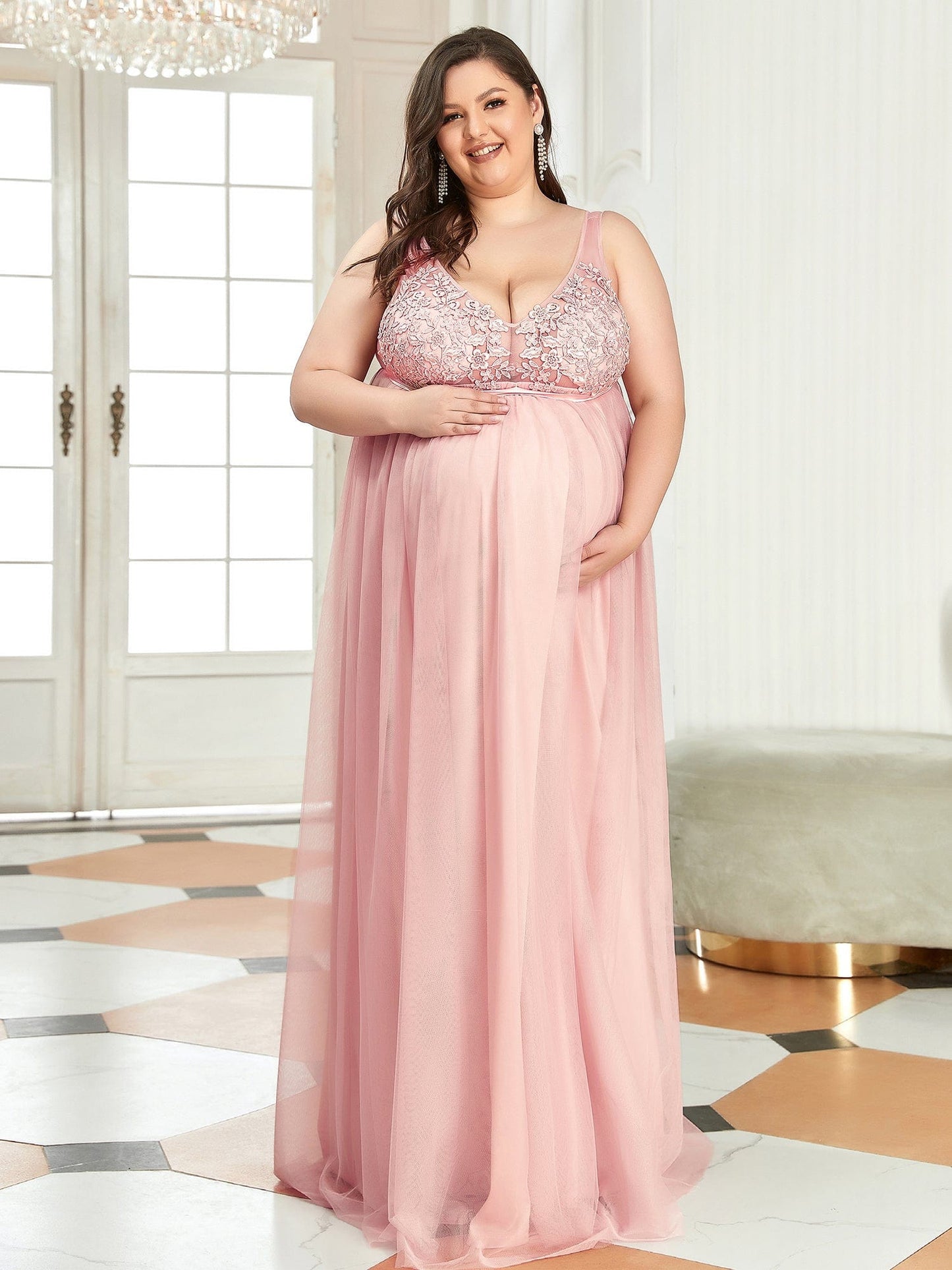 Double V-Neck Lace Bodice Long Flowy Maternity Dress #color_Pink