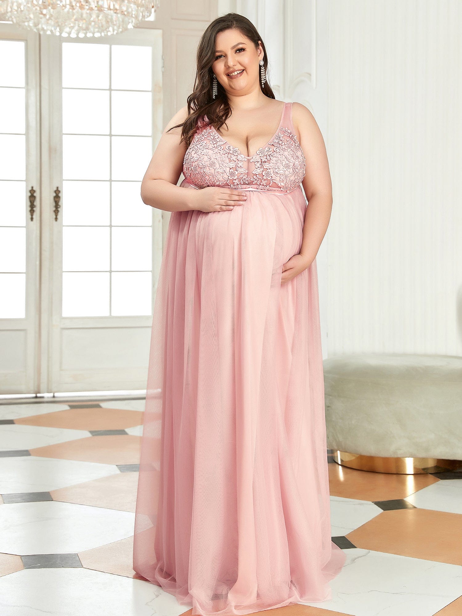 Double V-Neck Lace Bodice Long Flowy Maternity Dress #color_Pink