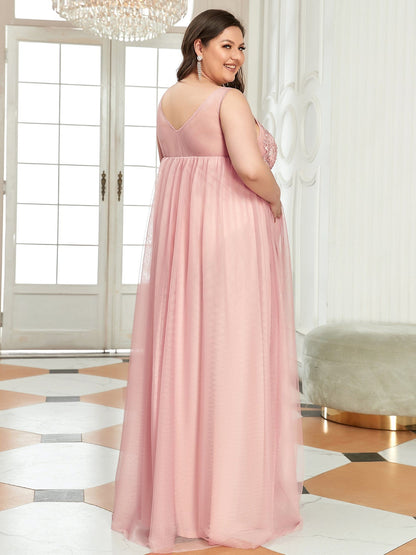 Double V-Neck Lace Bodice Long Flowy Maternity Dress #color_Pink