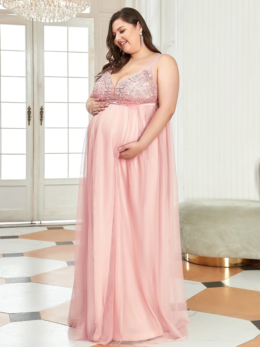 Plus Size Double V-Neck Lace Bodice Long Flowy Maternity Dress #color_Pink