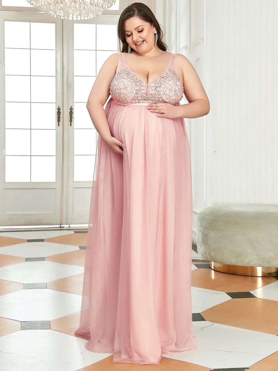 Plus Size Double V-Neck Lace Bodice Long Flowy Maternity Dress #color_Pink