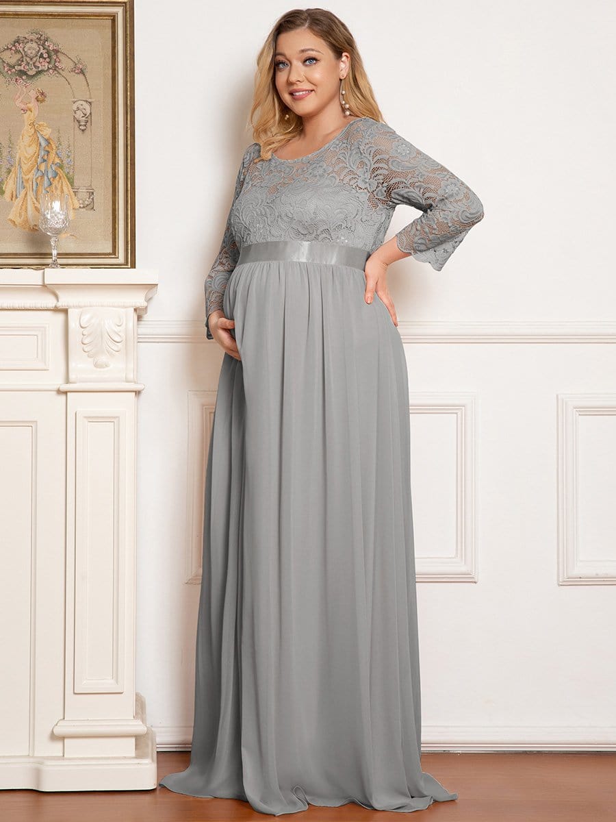 Plus Size Long Lace Sleeve Maternity Formal Dresses #color_Grey 